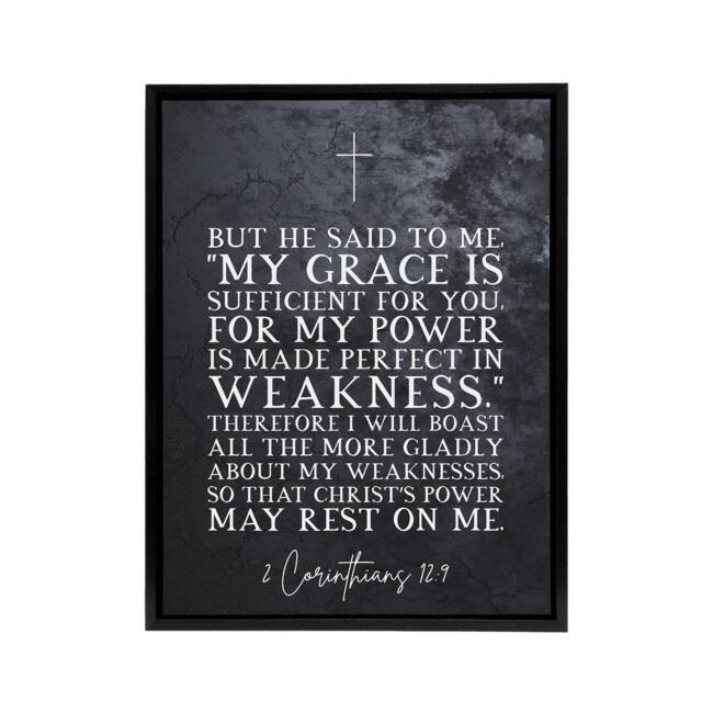 "Artery8 Corinthians 12 9 Christian Bible Quote Framed Canvas Wall Art Print in Grey - Size: W12"" x H16""" - image 1