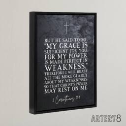 "Artery8 Corinthians 12 9 Christian Bible Quote Framed Canvas Wall Art Print in Grey - Size: W12"" x H16""" - thumbnail 2