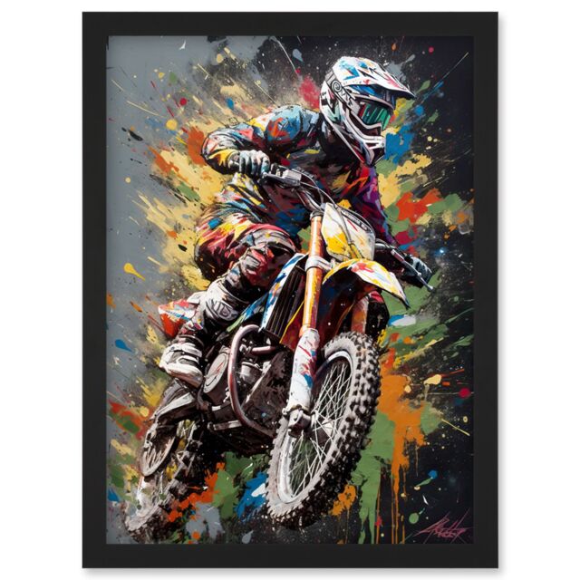 Artery8 Dirt Bike Sport Splatter Paint Motocross Rider Artwork Framed Wall Art Print A4 in Black - image 1