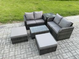 Fimous 6 Seater Garden Furniture Set Rattan Outdoor Lounge Sofa Chair With Tempered Glass Table 32 Big Footstools Side Table Dark Grey Mixed - thumbnail 2