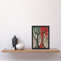 Artery8 Two Trees Wildflower Forest Painting Folk Art Framed Art Print in Brown - Size: A4 - thumbnail 4