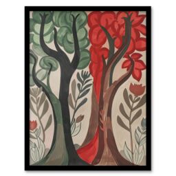 Artery8 Two Trees Wildflower Forest Painting Folk Art Framed Art Print in Brown - Size: A4 - thumbnail 1