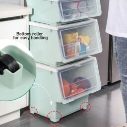 Living and Home Stackable Plastic Storage Box with Lid and Wheels in Green - thumbnail 4