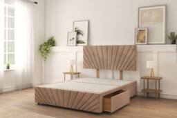"Sloomy Amberley Naples Divan Bed Base 2 Drawers Left Side With 26"" Strutted Headboard & 12"" Matching Footboard in Light Brown - Size: Super King"
