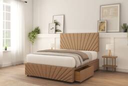 "Sloomy Amberley Naples Divan Bed Base 2 Drawers Left Side With 26"" Strutted Headboard & 12"" Matching Footboard in Light Brown - Size: Super King" - thumbnail 2