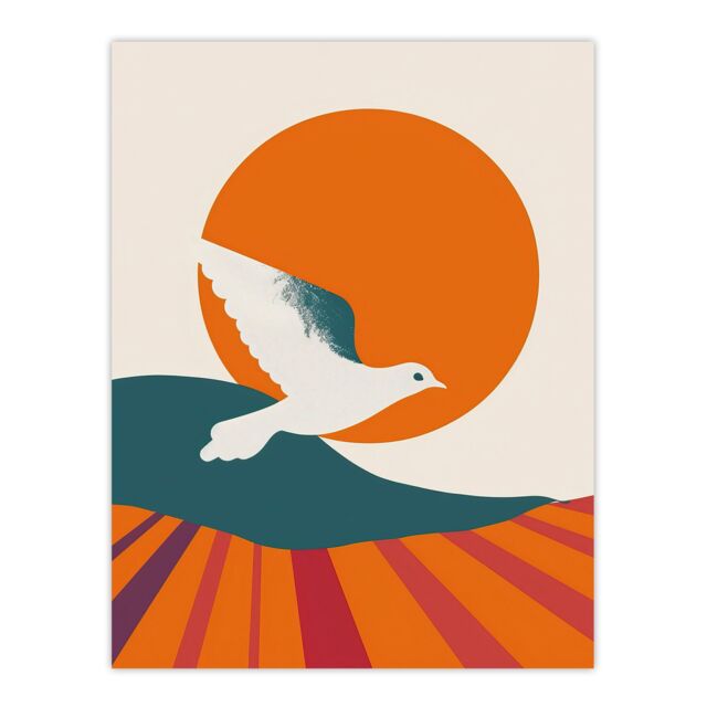 "Artery8 Dove Flight Sunset Sun Simple Retro Design Wall Art Print in Orange - Size: W24"" x H32""" - image 1