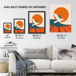 "Artery8 Dove Flight Sunset Sun Simple Retro Design Wall Art Print in Orange - Size: W24"" x H32""" - thumbnail 3