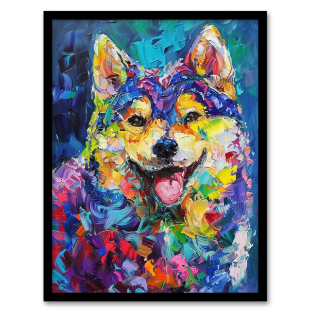 "Artery8 Rainbow Shiba Inu Dog Lover Portrait Thick Paint Framed Art Print - Size: W12"" x H16""" - image 1