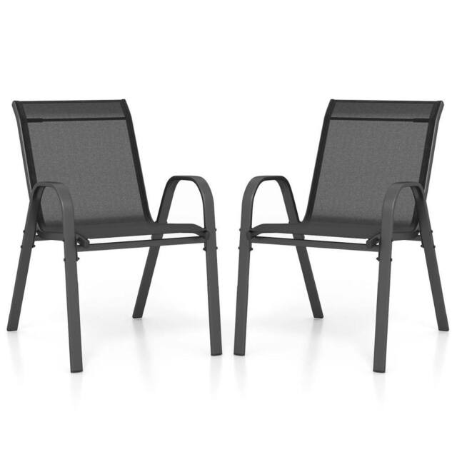 Costway Set of 2 Patio Chairs Stackable Metal Breathable Fabric Dining Chair in Black - image 1