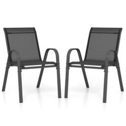 Costway Set of 2 Patio Chairs Stackable Metal Breathable Fabric Dining Chair in Black - thumbnail 1