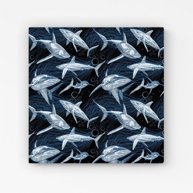 Warren Reed - Designer Hand Drawn Shark Pattern Canvas in Blue - Size: w40 inch x h40 inch - image 1