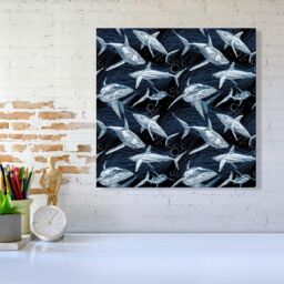 Warren Reed - Designer Hand Drawn Shark Pattern Canvas in Blue - Size: w40 inch x h40 inch - thumbnail 2