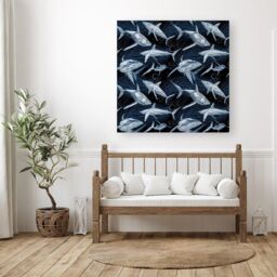 Warren Reed - Designer Hand Drawn Shark Pattern Canvas in Blue - Size: w40 inch x h40 inch - thumbnail 3