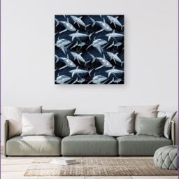 Warren Reed - Designer Hand Drawn Shark Pattern Canvas in Blue - Size: w40 inch x h40 inch - thumbnail 4