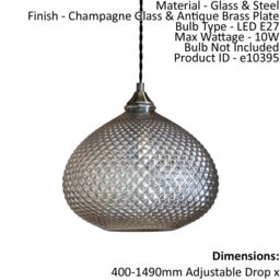 Loops Ceiling Pendant Light Champagne Glass & Antique Brass Plate 10W LED E27 in Clear - thumbnail 2