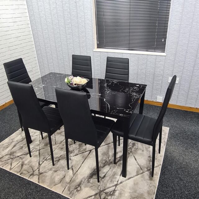 KOSY KOALA Dining Table & 6 Chairs Black Marble Effect Glass 6 Leather Black Chairs Dining Room Furniture in Brown - image 1