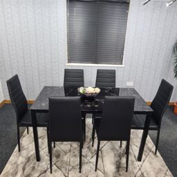 KOSY KOALA Dining Table & 6 Chairs Black Marble Effect Glass 6 Leather Black Chairs Dining Room Furniture in Brown - thumbnail 4
