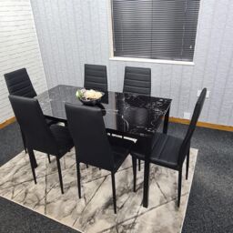 KOSY KOALA Dining Table & 6 Chairs Black Marble Effect Glass 6 Leather Black Chairs Dining Room Furniture in Brown - thumbnail 1