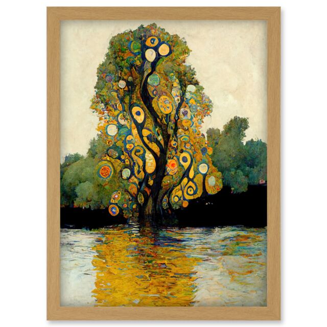 Artery8 Klimt Style Tree River Bank Scene Artwork Framed Wall Art Print A4 in Light Oak - image 1