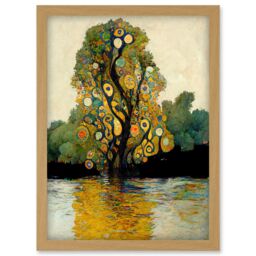 Artery8 Klimt Style Tree River Bank Scene Artwork Framed Wall Art Print A4 in Light Oak - thumbnail 1
