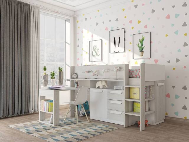 Vente-unique Cabin Bed With Desk & Storage - 90 X 200 Cm - White & Natural in Light Oak - Size: Single - image 1