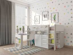 Vente-unique Cabin Bed With Desk & Storage - 90 X 200 Cm - White & Natural in Light Oak - Size: Single