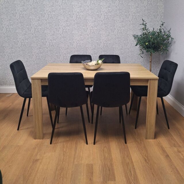 KOSY KOALA Oak Effect Dining Table Set With 6 Black Velvet Chairs Dining Room Furniture in Brown - image 1