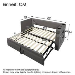 BTM Linen Daybed with Cup Holders, Charging Station & Trundle Bed in Grey - thumbnail 2