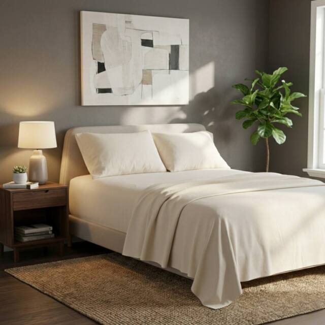 Snug City Soft Plain Brushed Cotton Fitted Flat Sheet Matching Pillowcases Set in Cream - Size: Super King - image 1