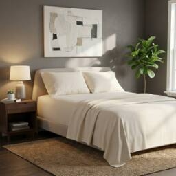 Snug City Soft Plain Brushed Cotton Fitted Flat Sheet Matching Pillowcases Set in Cream - Size: Super King