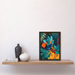 Artery8 Bird in Tropical Forest Vibrant Illustration Artwork Framed Wall Art Print A4 in Brown - thumbnail 2
