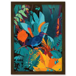 Artery8 Bird in Tropical Forest Vibrant Illustration Artwork Framed Wall Art Print A4 in Brown - thumbnail 1