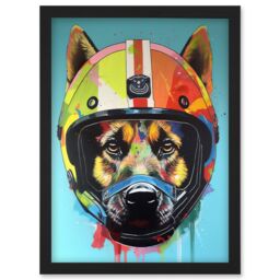 Artery8 German Shepherd Wearing Motorbike Helmet Pop Art Artwork Framed Wall Art Print A4 in Black - thumbnail 1