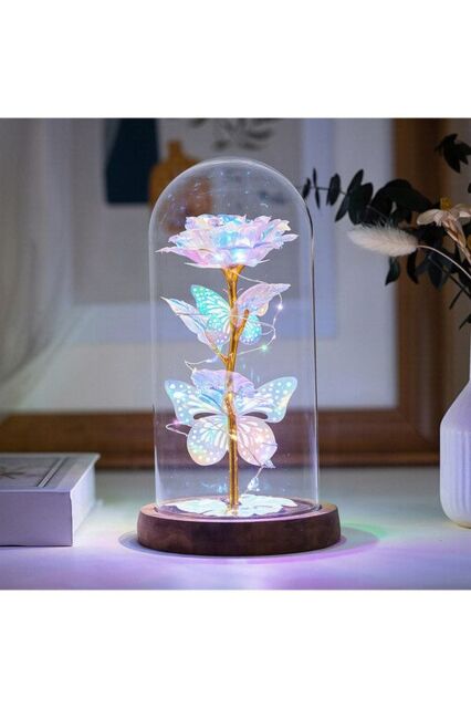 Living and Home Two Butterfly Rose in Glass Dome with Wooden Base & LED Lighting for Gifts - image 1