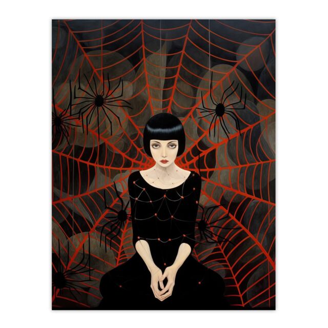 "Wee Blue Coo Wall Art Print Arachnophilia Oil Painting Black Red Woman & Arachnid Spider Friends Halloween Conceptual Poster - Size: W18"" x H24""" - image 1