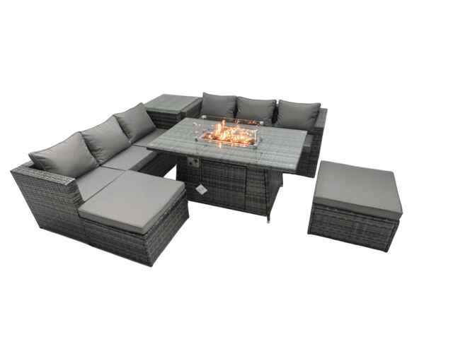Fimous Rattan Garden Furniture Firepit Dining Set 6 Seater Lounge Sofa Table Set with Side Tables 2 Footstool in Dark Grey - image 1
