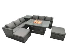 Fimous Rattan Garden Furniture Firepit Dining Set 6 Seater Lounge Sofa Table Set with Side Tables 2 Footstool in Dark Grey - thumbnail 1