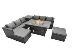 Fimous Rattan Garden Furniture Firepit Dining Set 6 Seater Lounge Sofa Table Set with Side Tables 2 Footstool in Dark Grey - thumbnail 2