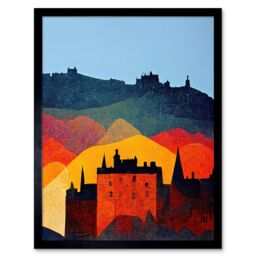 "Artery8 Wall Art Print Edinburgh in Autumn Scotland Scottish Modern Folk Art Multi Coloured Cityscape Art Framed in Black - Size: W12"" x H16""" - thumbnail 1