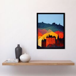 "Artery8 Wall Art Print Edinburgh in Autumn Scotland Scottish Modern Folk Art Multi Coloured Cityscape Art Framed in Black - Size: W12"" x H16""" - thumbnail 2