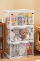 Living and Home 3Pcs Rolling Container Collapsible Plastic Storage Bins with Lid Stackable Clear Box in White - thumbnail 1