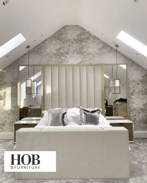 "HOB Furniture Janie Linear Design TV Bed with Mirrored Headboard (72""H) in Off-White - Size: Super King" - image 1