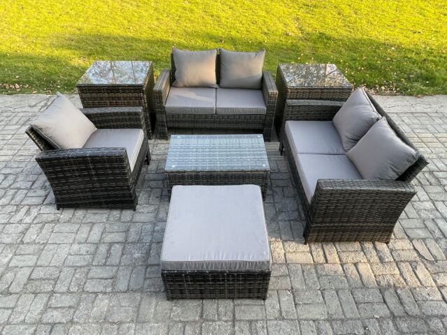 Fimous Rattan Garden Furniture Set 6 Seater Patio Outdoor Lounge Sofa Chair Set with 2 Side Tables Rectangular Coffee Table Big Footstool in Dark Grey