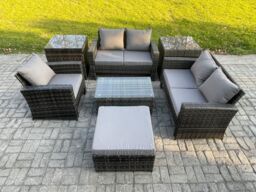 Fimous Rattan Garden Furniture Set 6 Seater Patio Outdoor Lounge Sofa Chair Set with 2 Side Tables Rectangular Coffee Table Big Footstool in Dark Grey - thumbnail 1