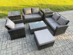 Fimous Rattan Garden Furniture Set 6 Seater Patio Outdoor Lounge Sofa Chair Set with 2 Side Tables Rectangular Coffee Table Big Footstool in Dark Grey - thumbnail 2