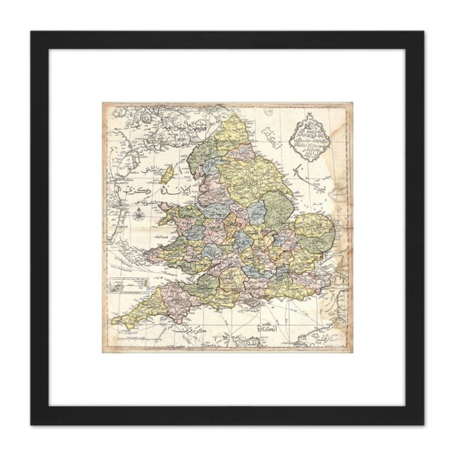 Artery8 Map 1840 Ottoman Cartographer England Wales 8X8 Inch Square Wooden Framed Wall Art Print Picture with Mount in Black - image 1