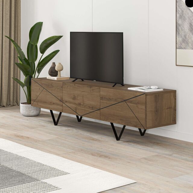 Decortie Jakomen' Modern TV Unit 3-Door Storage TV Cabinet with Metal V-Shaped Legs in Dark Brown - Size: 1 Pack - image 1