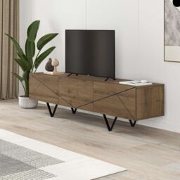 Decortie Jakomen' Modern TV Unit 3-Door Storage TV Cabinet with Metal V-Shaped Legs in Dark Brown - Size: 1 Pack - thumbnail 1