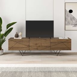 Decortie Jakomen' Modern TV Unit 3-Door Storage TV Cabinet with Metal V-Shaped Legs in Dark Brown - Size: 1 Pack - thumbnail 5