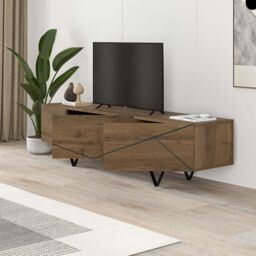 Decortie Jakomen' Modern TV Unit 3-Door Storage TV Cabinet with Metal V-Shaped Legs in Dark Brown - Size: 1 Pack - thumbnail 4